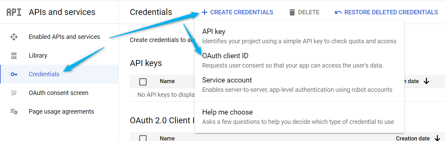 creating credentials for oauth client