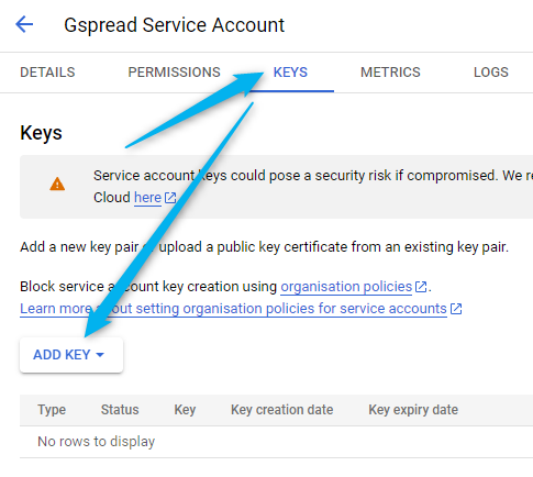 adding a key to google cloud service account